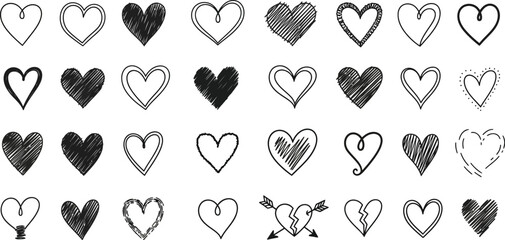 Vector art of a collection of handdrawn heart icons isolated on white background expresses love and affection in various artistic styles
