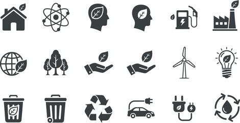 Vector art of a collection of ecofriendly icons representing renewable energy, recycling, and environmental sustainability, promoting a green and sustainable future