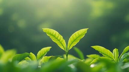 Vibrant green leaves emerging in soft sunlight and bokeh background
