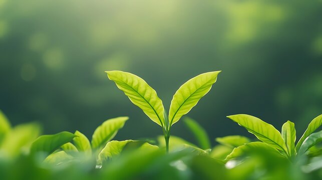 Vibrant green leaves emerging in soft sunlight and bokeh background