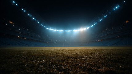 Empty football field under stadium lights, wide view with dramatic shadows. Solitude and anticipation in the night.