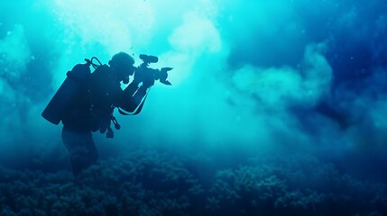 Silhouette of a diver with a camera exploring a vibrant coral reef