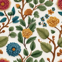 Seamless Embroidery Floral Pattern with Yellow, Blue and Pink Flowers on White Background
