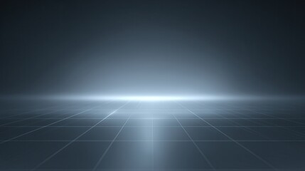 Light rays shining down on an empty grey grid floor. Illusion. Futuristic, sci-fi feel