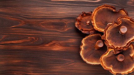 Group of brown and orange mushrooms on dark wooden surface