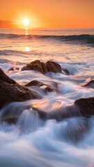 Obraz premium Dramatic Hawaiian Sunset with Crashing Waves on Rocky Coastline 