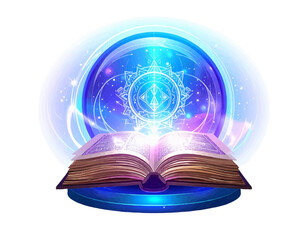 Open book emitting light with a blue orb and mandala design in the background on a blue platform