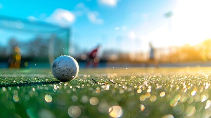 Field hockey ball resting on dewy grass under bright morning sunlight