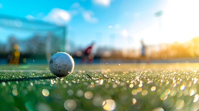 Field hockey ball resting on dewy grass under bright morning sunlight