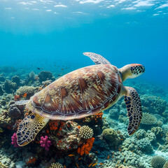 Fototapeta premium A Majestic Sea Turtle Gliding Over a Vibrant Coral Reef