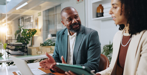 Talking, teamwork and online with business people in office for planning, account manager or research. Digital review, collaboration and client application with employees in financial firm for report