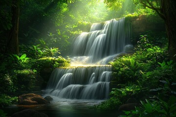 Obraz premium Verdant waterfall cascading through a lush, sunny forest