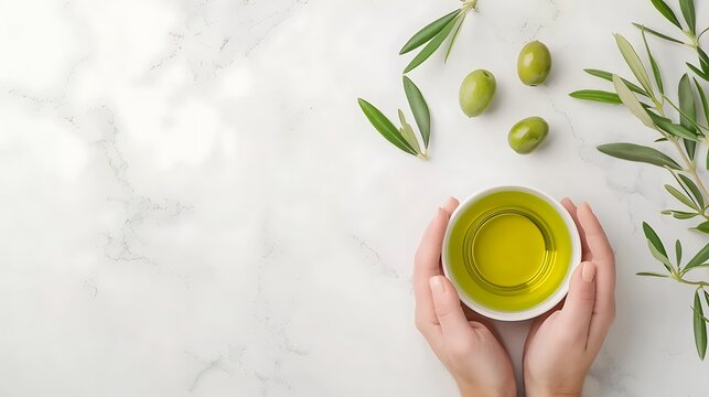 Hands holding a bowl of golden olive oil with fresh olives and leaves - Powered by Adobe
