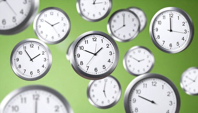 Floating clocks against a green background - Powered by Adobe