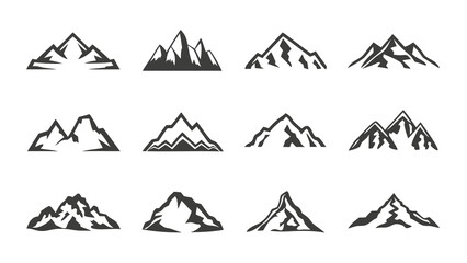 Twelve stylized mountain range icons; dark gray silhouettes on black background; minimalist, graphic design.
