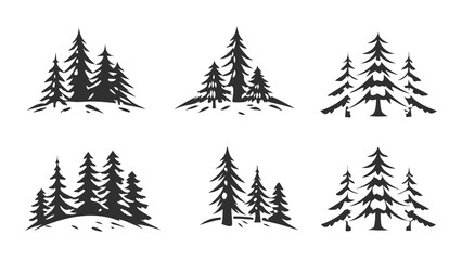 Obraz premium Six Hand-Drawn Evergreen Tree Silhouettes: Dark, Rustic, Nature Collection