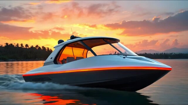 A boat on the water at sunset with a red and orange sky. The boat has a white hull with an orange stripe and a canopy.