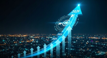 A glowing arrow points upward, symbolizing business growth and financial success over a cityscape