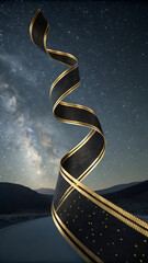 Elegance Ascending A Swirling Ribbon Against a Starry Night Sky Illuminating an Asphalt Road and Distant Mountain Range