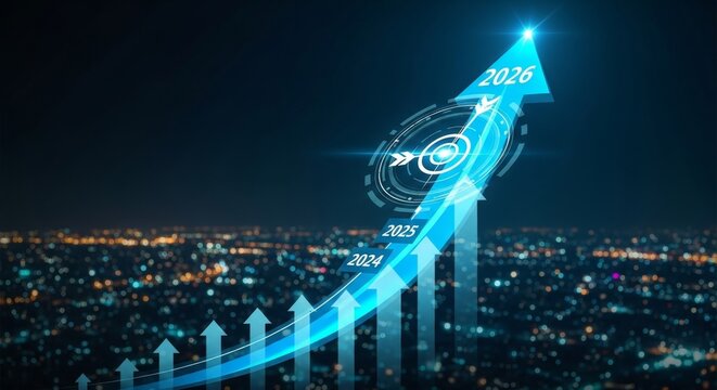 A glowing arrow points upward, symbolizing business growth and financial success over a cityscape