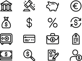 Finance Icons Set Banking, Money, and Legal Symbols
