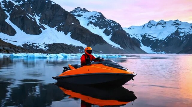 A person riding a jet ski near some snow-capped mountains during a sunset, with the jet ski reflecting in the water.
