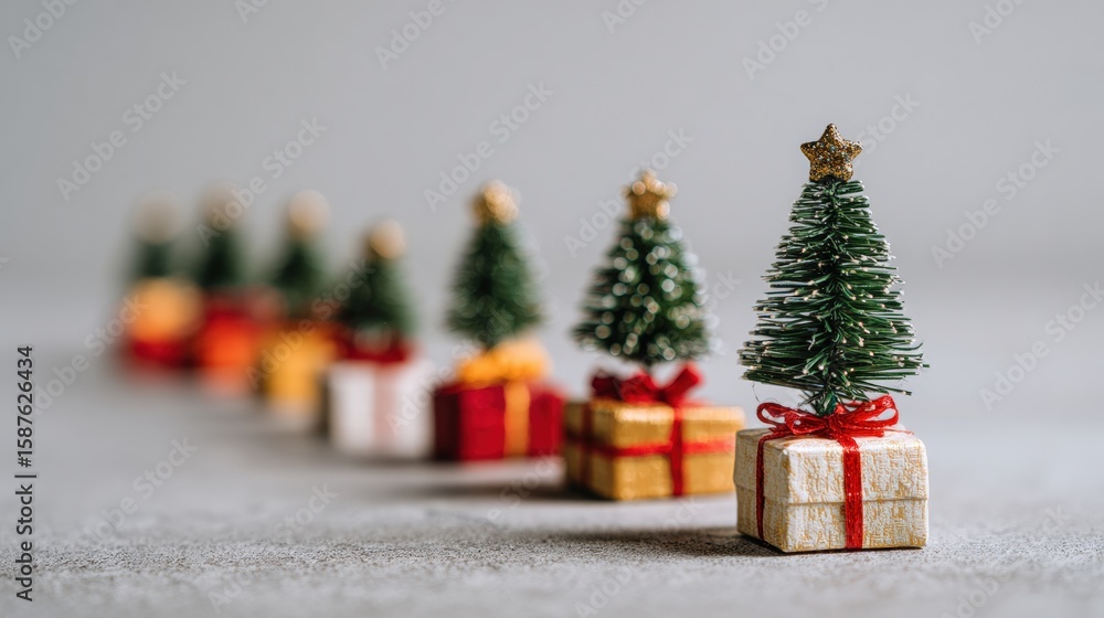 Canvas Prints miniature christmas trees on gift boxes arranged in a line with a soft focus background, creating a 