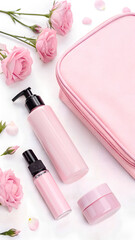 Elegant Pink Beauty Products and Floral Arrangement for a Delicate and Feminine Aesthetic on a White Background
