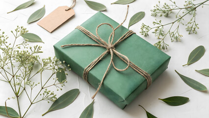 Elegant Green Gift Box with Natural Twine Bow Amidst Delicate Florals and Greenery on a White Surface