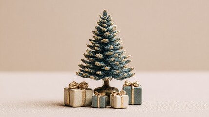 Miniature Christmas tree with gold-topped gifts on a neutral background, evoking a festive and elegant holiday atmosphere.
