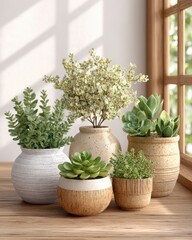Collection of Succulents and Greenery in Textured Pots on Wooden Table by Window