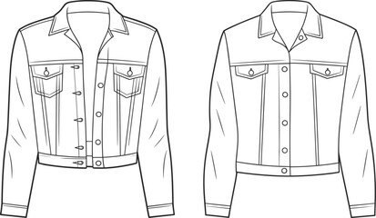 Denim jacket flat sketch front view, fashion technical drawing, women’s outerwear clothing design for garment, fashion, sewing, apparel template