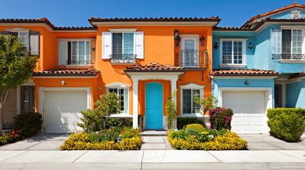 Fototapeta premium Vibrant townhouse exterior with orange and blue facades, white garage doors, and a colorful garden in front.