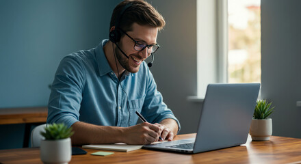 Happy businessman video conferencing, taking notes, home office