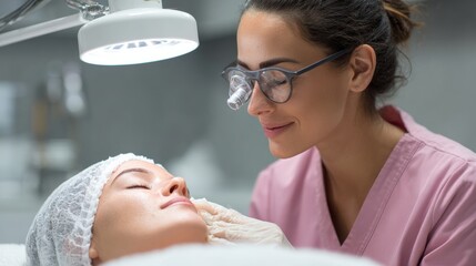 A dermatologist in pink scrubs examines a patient's face under a bright examination light, focusing on skincare treatment in a clinical setting.