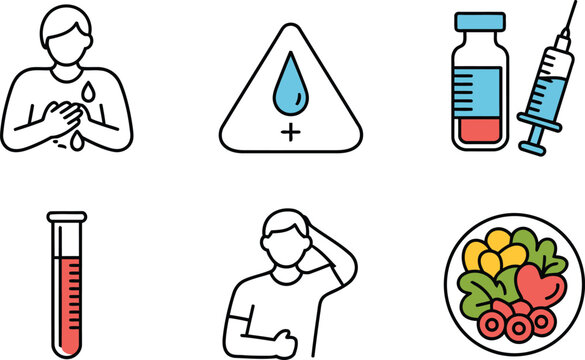 World Hepatitis Day icon set with symptoms blood warning vaccine test tube and healthy food