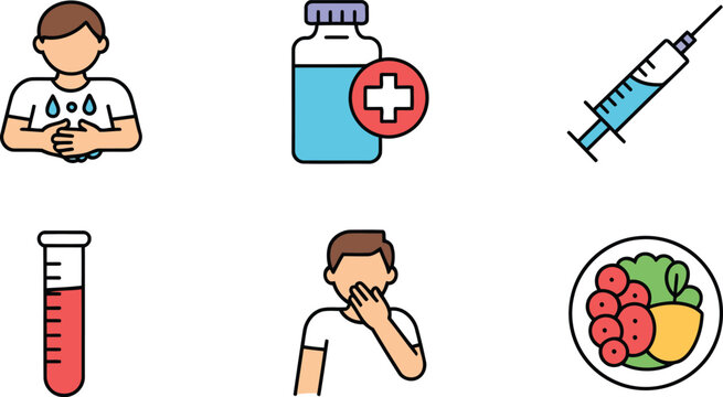 This World Hepatitis Day icon set features hepatitis symptoms, vaccine, syringe, test tube, nausea, and healthy food, ideal for awareness and prevention in healthcare and educational materials.