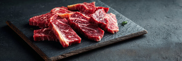Raw wagyu shoulder cut feel tender and fresh on slate