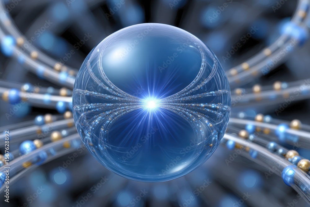 Poster a blue sphere with light rays and orbiting spheres on curved paths against a blurred background