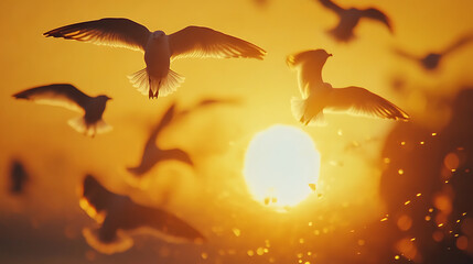 Birds soaring sunset sky silhouette