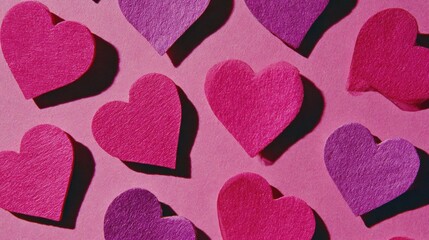 Felt hearts in shades of pink and purple on a matching pink background, creating a vibrant and romantic pattern.