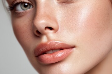 Fototapeta premium Captivating close-up portrait showcases flawless skin and natural beauty in soft, neutral lighting for a beauty campaign