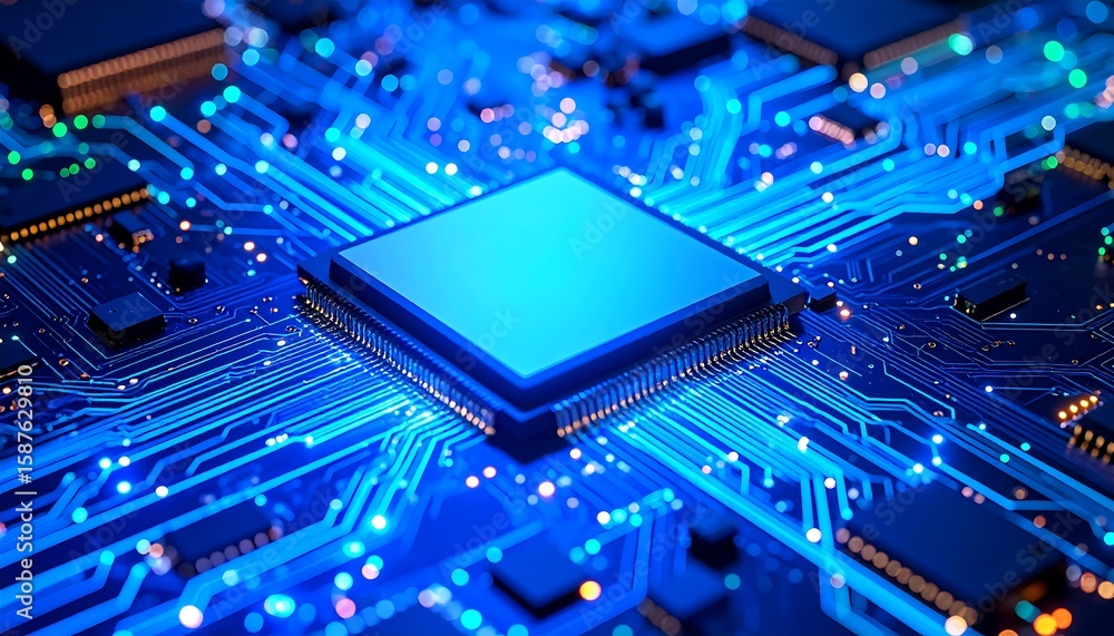 Fototapete close-up of a glowing computer circuit board with a central processor