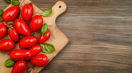 Fresh tomatoes and basil on wooden board