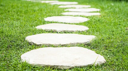 A winding path of natural stone stepping stones through lush green grass