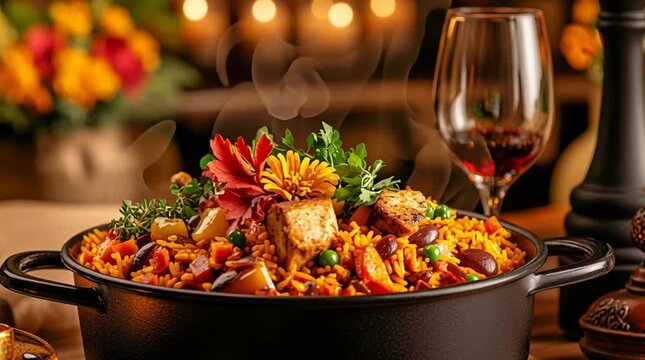 fusion paella with middle eastern spices, rustic table food styling PNG, colorful garnish mediterranean paella transparent, middle eastern fusion paella rustic food scene, colorful paella on wooden 