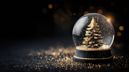 A snow globe with a golden Christmas tree inside, surrounded by sparkling glitter, set against a dark, festive background.