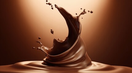 A splash of rich, creamy chocolate creates a dynamic, artistic shape against a warm, brown background, capturing the essence of indulgence and luxury.
