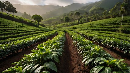 Naklejka premium Wide-angle shot of highland coffee plantation under misty morning light. Rows of trees stretch far with green foliage and brown soil. Peaceful tropical agriculture.