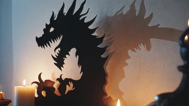 Dragon silhouette on wall, lit by candlelight